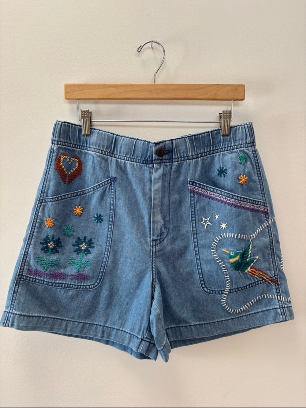 Johnny Was Light Blue Embroidered Denim Shorts with Bird & Floral Motifs